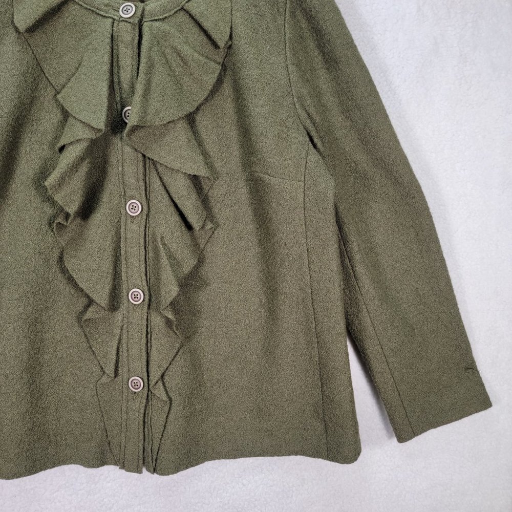 Y2K Chico's Green Wool Blend Ruffled Round Neck Button Up Maximalist Jacket Coat - Picture 4 of 15